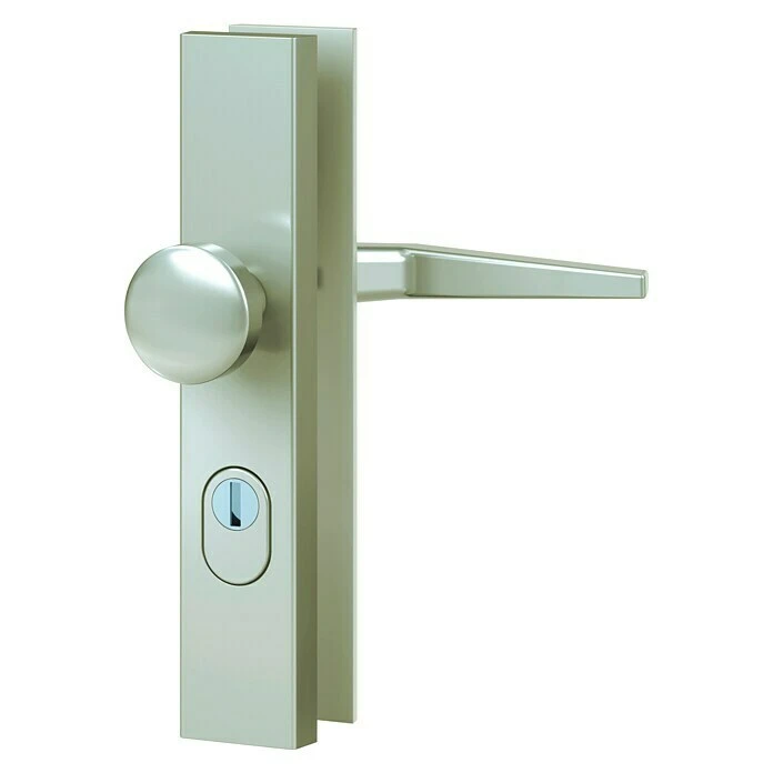 BAUHAUS Basi Schutzbeschlag ES0 VMS-ZA für Hauseingangstüren, Aluminium, 88 mm Distanznorm, Runddrücker innen, Knopf außen 1 BAUHAUS Basi Schutzbeschlag ES0 VMS-ZA für Hauseingangstüren, Aluminium, 88 mm Distanznorm, Runddrücker innen, Knopf außen