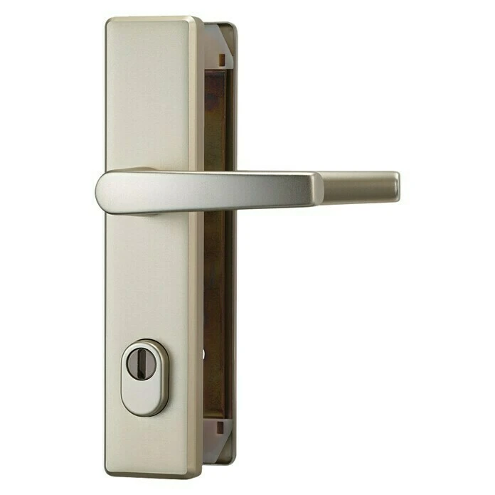 BAUHAUS Abus Schutzbeschlag HLZS814 für Hauseingangstüren, Neusilber, Türstärke 52-72 mm, beidseitiger Drücker, eckiges Schild 1 BAUHAUS Abus Schutzbeschlag HLZS814 für Hauseingangstüren, Neusilber, Türstärke 52-72 mm, beidseitiger Drücker, eckiges Schild