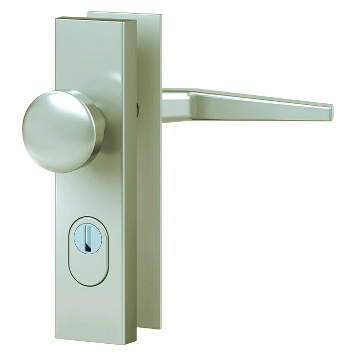 BAUHAUS Basi Schutzbeschlag ES0 VMS für Hauseingangstüren, Champagnerfarben, 72 mm Distanznorm, mit Zylinderabdeckung, Knopf außen, Drücker innen 1 BAUHAUS Basi Schutzbeschlag ES0 VMS für Hauseingangstüren, Champagnerfarben, 72 mm Distanznorm, mit Zylinderabdeckung, Knopf außen, Drücker innen